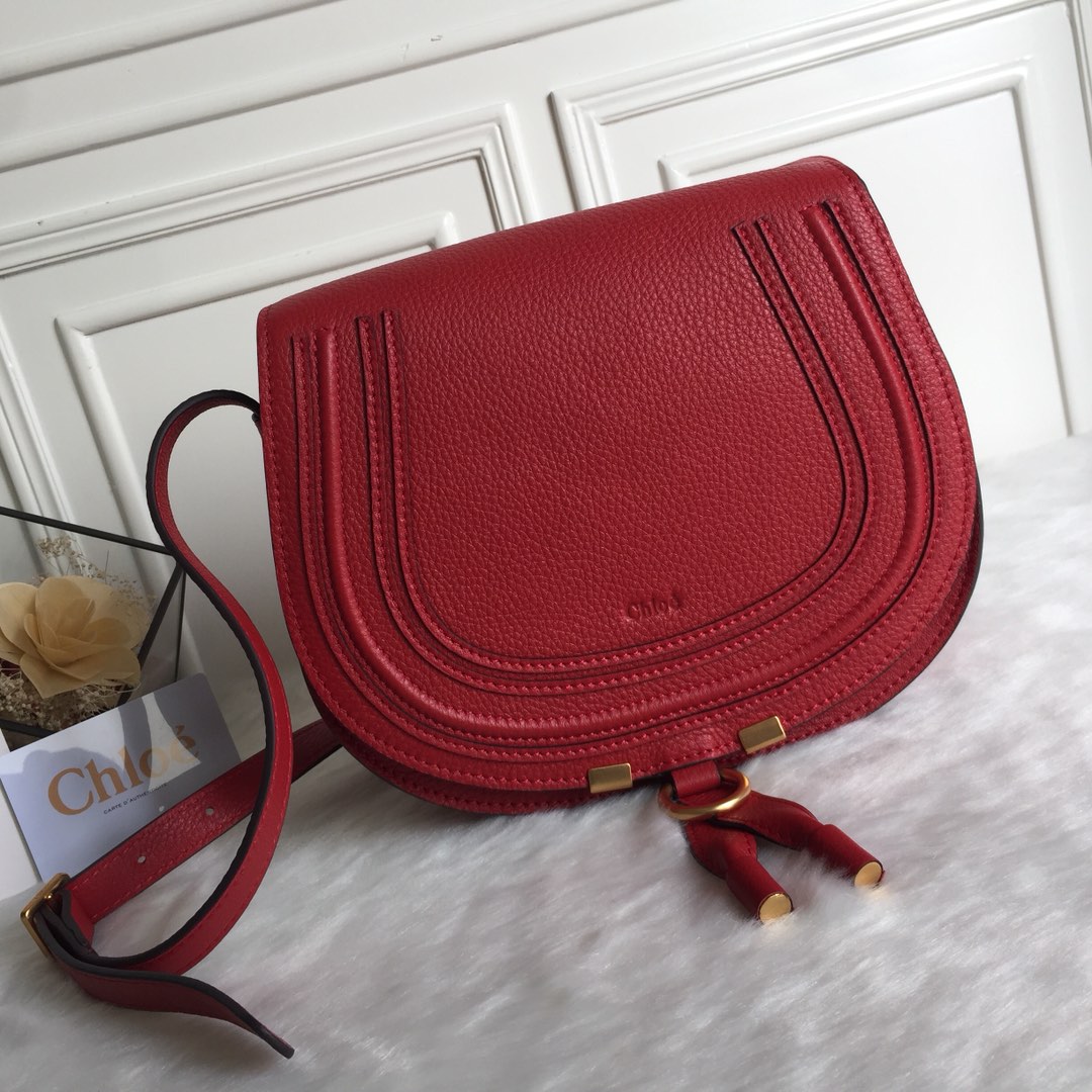 Chloe Marcie Saddle Shoulder Bag In Red Grained Leather